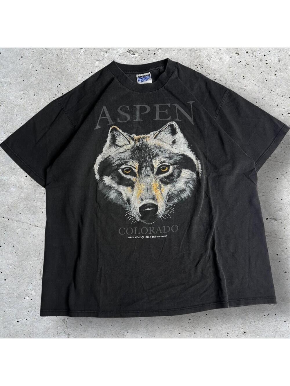 90's Heavy Vintage 90s Faded Wolf Nature Aspen Black Tee T Shirt Size L